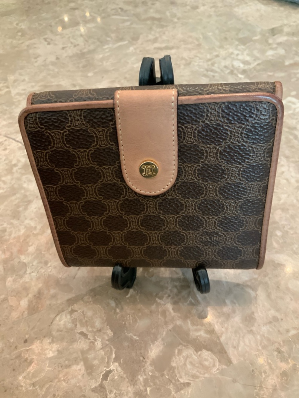 Celine Brown Patterned Leather Compact Wallet with Tan Trim